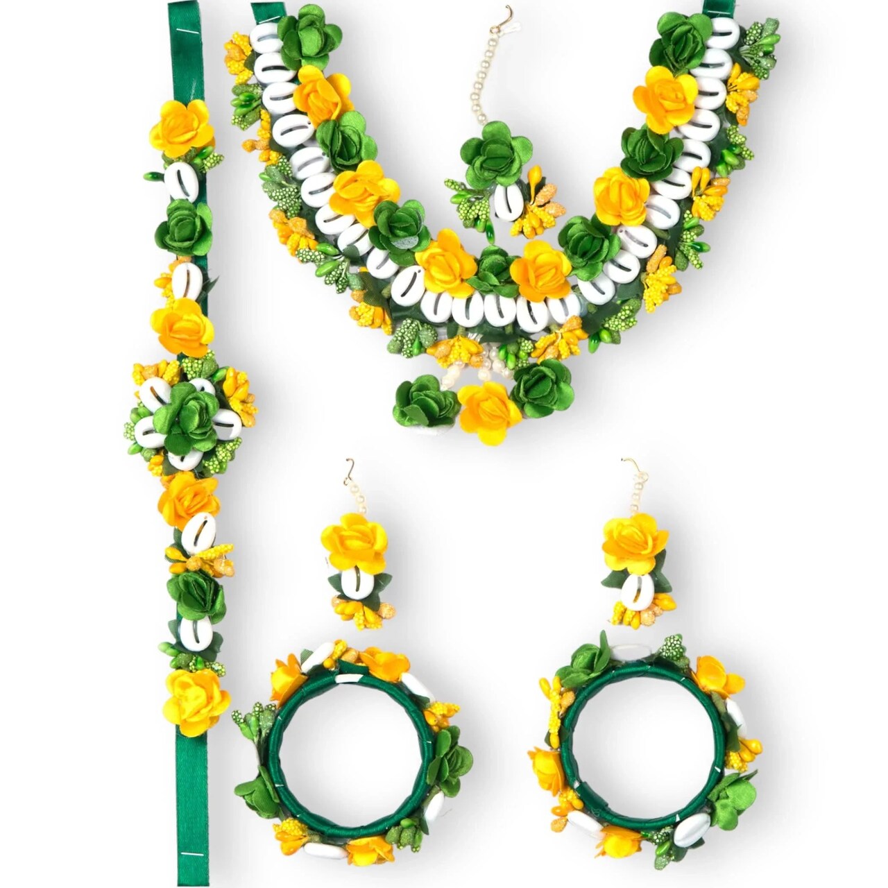 Flower Designer Shells Jewelry Set for Women Handmade Necklace with Earrings Maang Tikka Bracelet Waistbelt Indian Artificial Jewellery for Haldi Mehndi Wedding Party Bridal